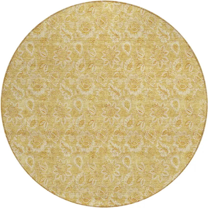 8' Gold And Wheat Round Floral Washable Indoor Outdoor Area Rug Photo 2