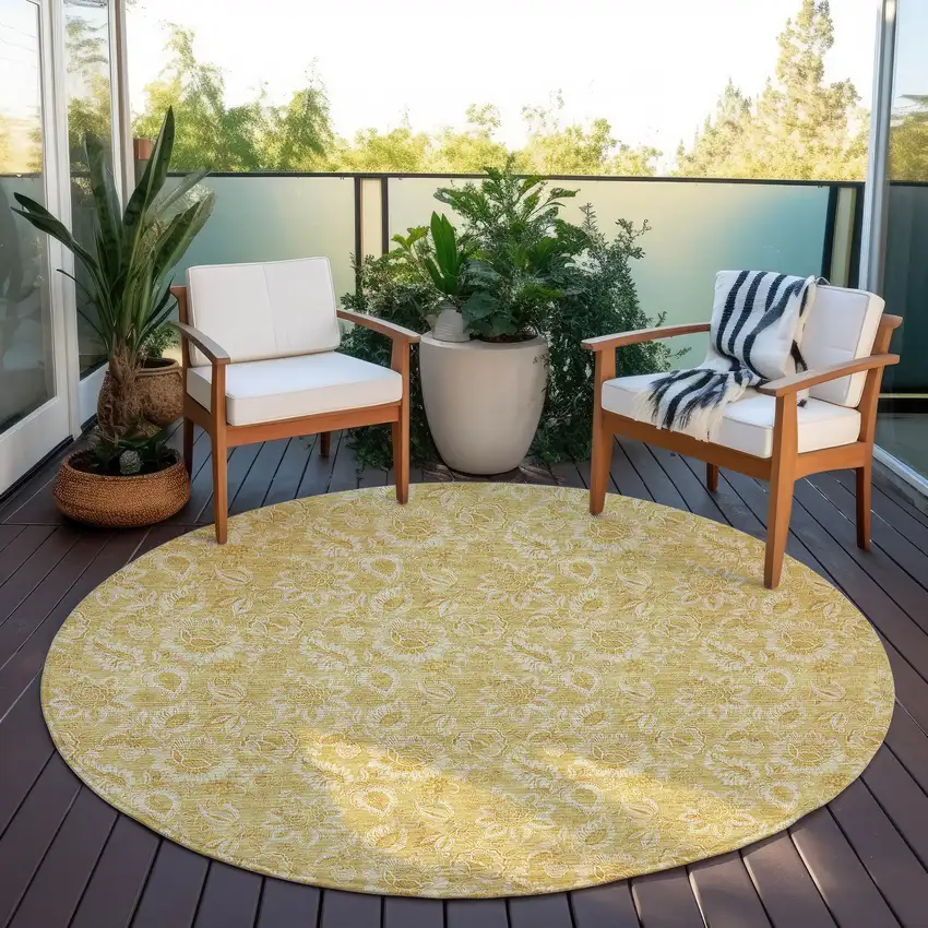 8' Gold And Wheat Round Floral Washable Indoor Outdoor Area Rug Photo 7
