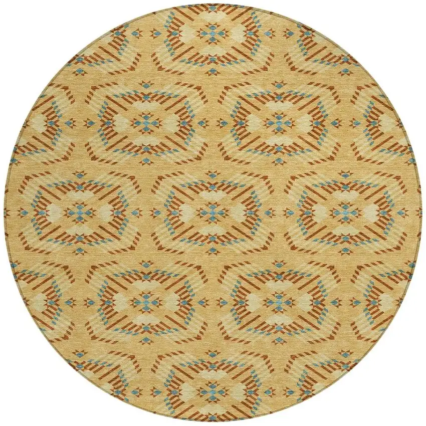 8' Gold And Wheat Round Geometric Washable Indoor Outdoor Area Rug Photo 4