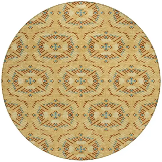 8' Gold And Wheat Round Geometric Washable Indoor Outdoor Area Rug Photo 4