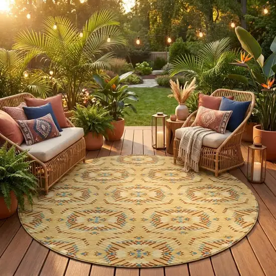 8' Gold And Wheat Round Geometric Washable Indoor Outdoor Area Rug Photo 1