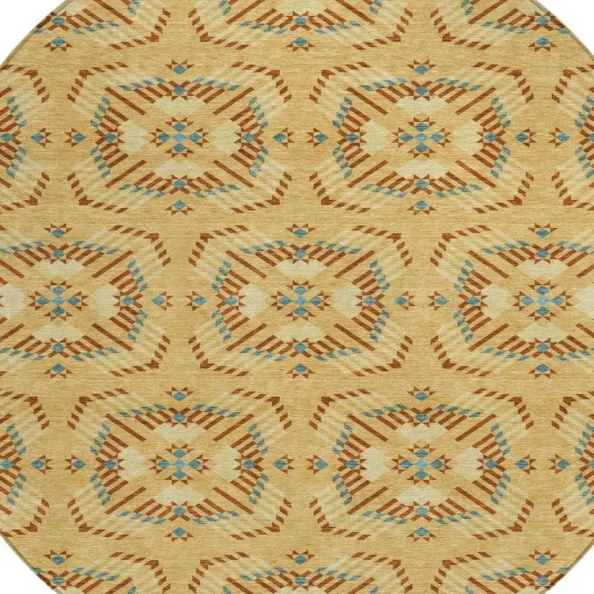8' Gold And Wheat Round Geometric Washable Indoor Outdoor Area Rug Photo 3