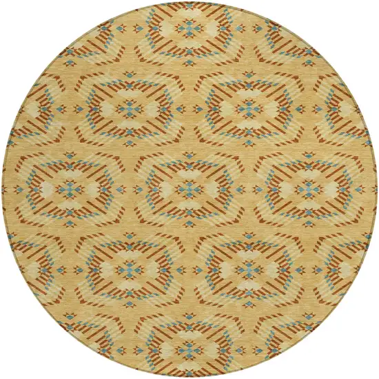 8' Gold And Wheat Round Geometric Washable Indoor Outdoor Area Rug Photo 2