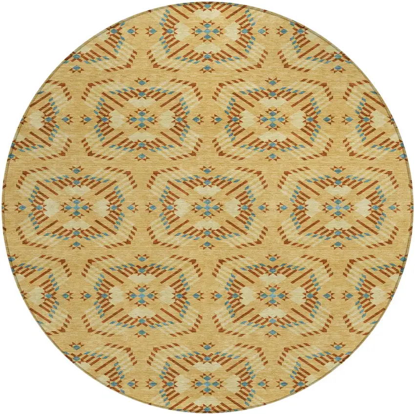 8' Gold And Wheat Round Geometric Washable Indoor Outdoor Area Rug Photo 2