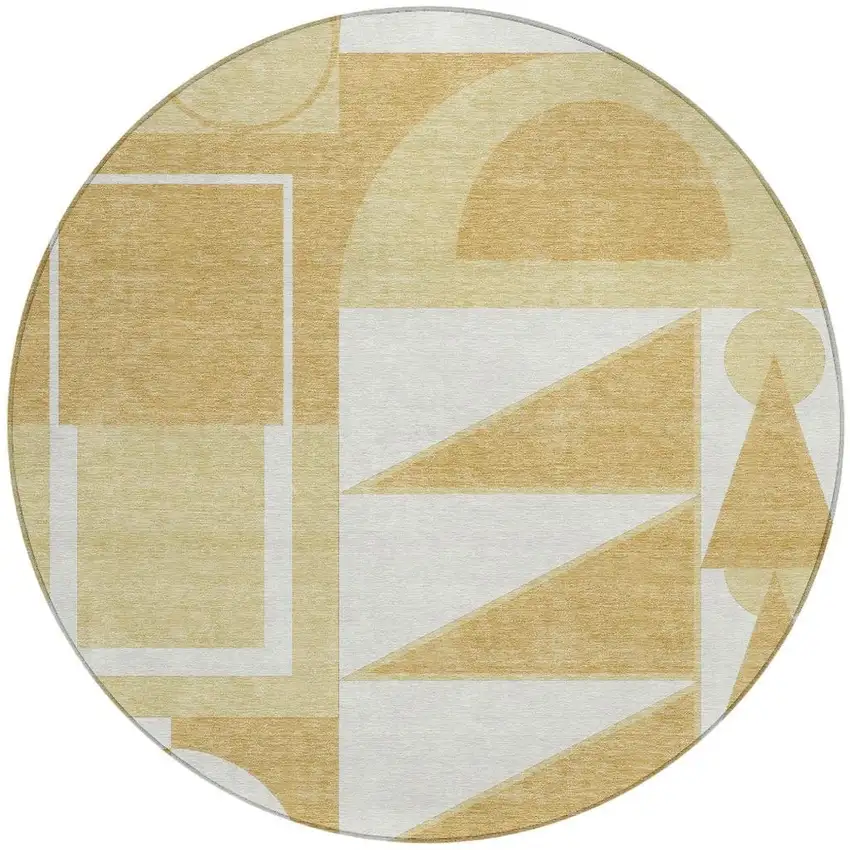 8' Gold And Wheat Round Geometric Washable Indoor Outdoor Area Rug Photo 2
