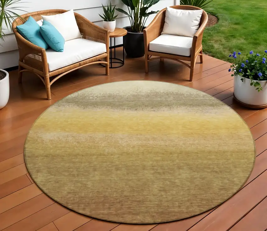 8' Gold And Wheat Round Ombre Washable Indoor Outdoor Area Rug Photo 2