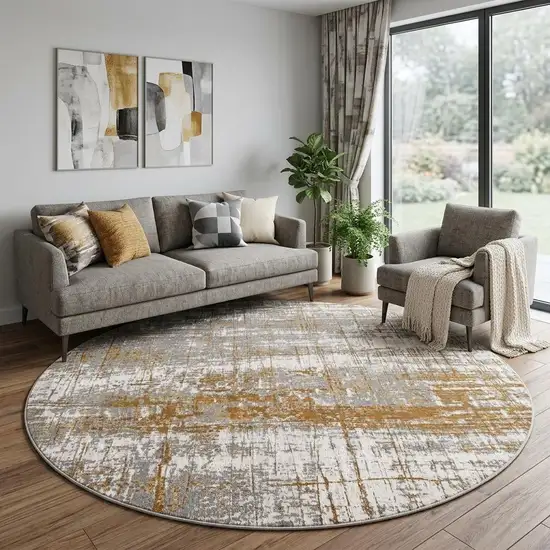 10' Gold And White Abstract Washable Round Rug With UV Protection Photo 1
