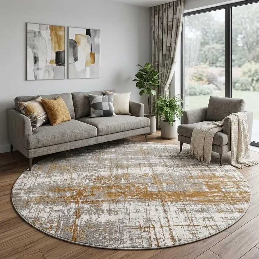 10' Gold And White Abstract Washable Round Rug With UV Protection Photo 1