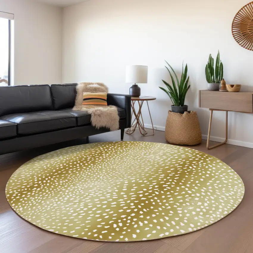 8' Gold And White Round Animal Print Washable Indoor Outdoor Area Rug Photo 5