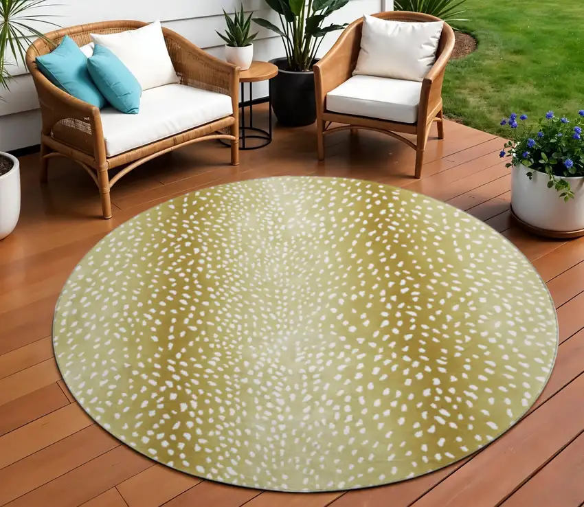 8' Gold And White Round Animal Print Washable Indoor Outdoor Area Rug Photo 1