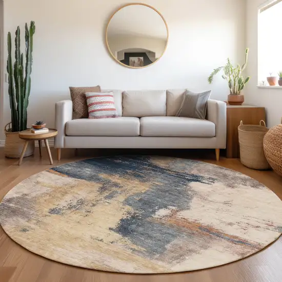 8' Gold Beige And Blue Round Abstract Washable Indoor Outdoor Area Rug Photo 8