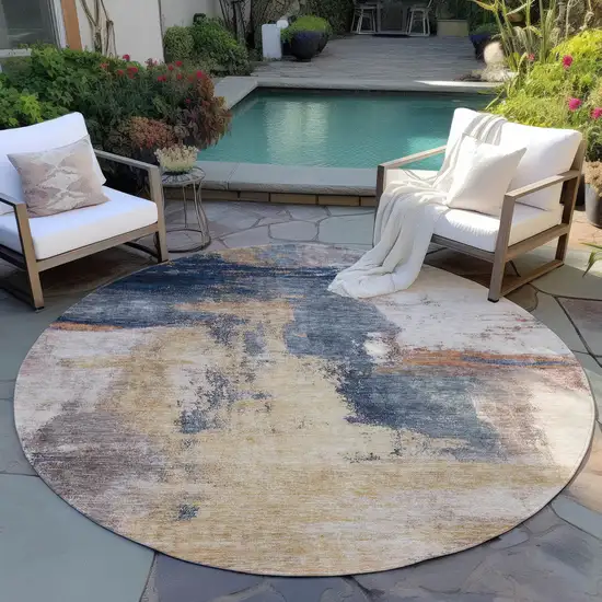 8' Gold Beige And Blue Round Abstract Washable Indoor Outdoor Area Rug Photo 7