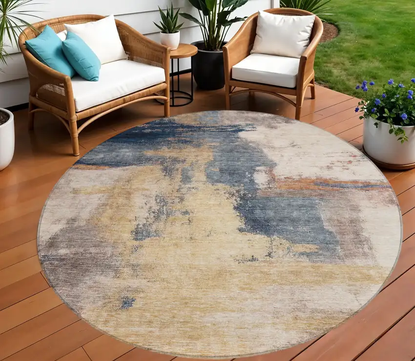 8' Gold Beige And Blue Round Abstract Washable Indoor Outdoor Area Rug Photo 1