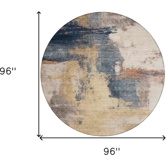 8' Gold Beige And Blue Round Abstract Washable Indoor Outdoor Area Rug Photo 9