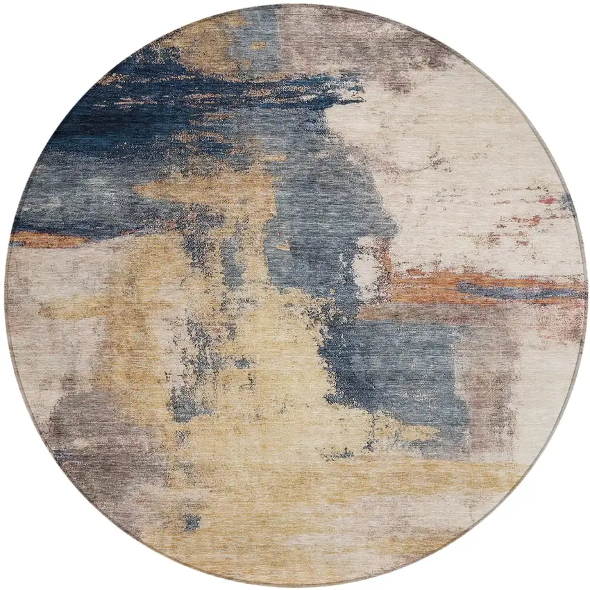 8' Gold Beige And Blue Round Abstract Washable Indoor Outdoor Area Rug Photo 2