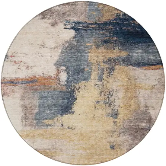 8' Gold Beige And Blue Round Abstract Washable Indoor Outdoor Area Rug Photo 6