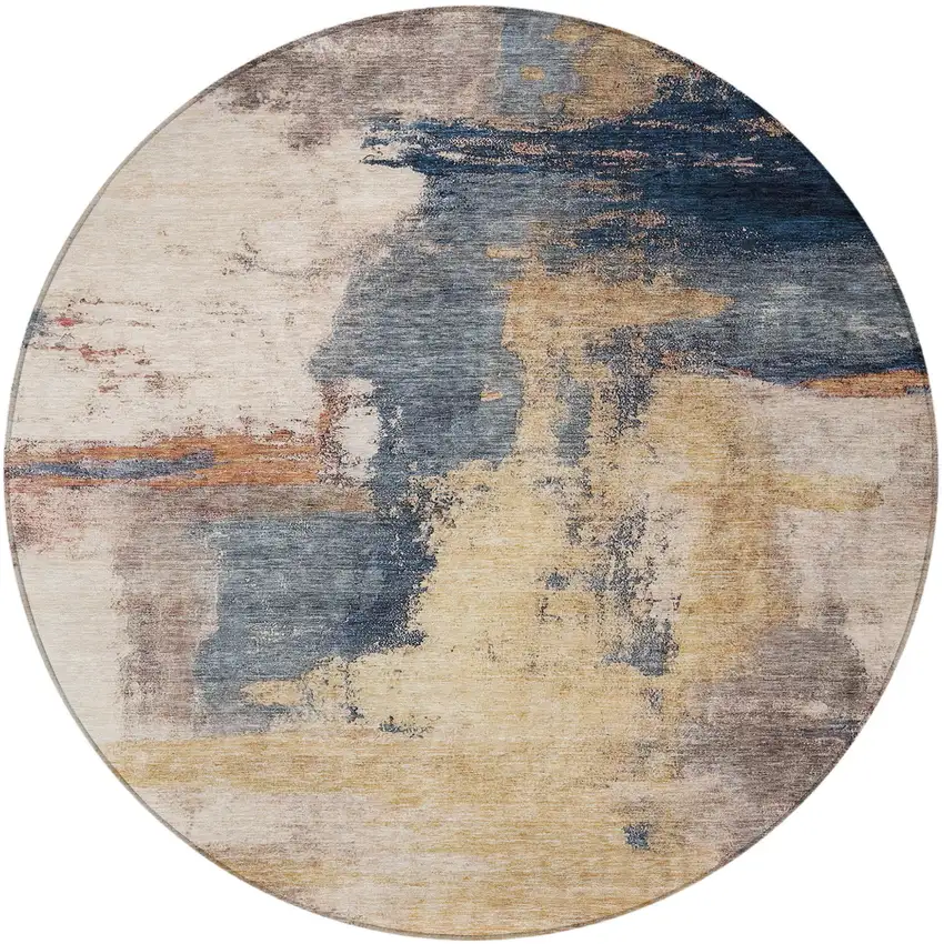 8' Gold Beige And Blue Round Abstract Washable Indoor Outdoor Area Rug Photo 6