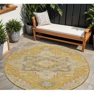 Photo of 8' Gold Beige And Blue Round Oriental Washable Indoor Outdoor Area Rug