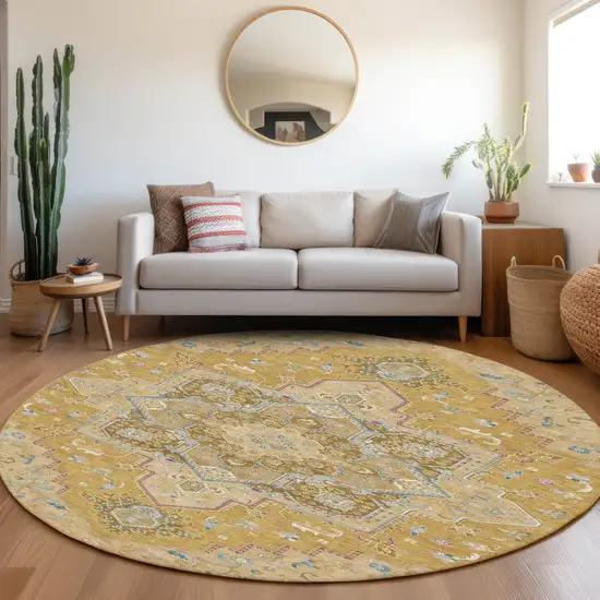 8' Gold Beige And Blue Round Oriental Washable Indoor Outdoor Area Rug Photo 7
