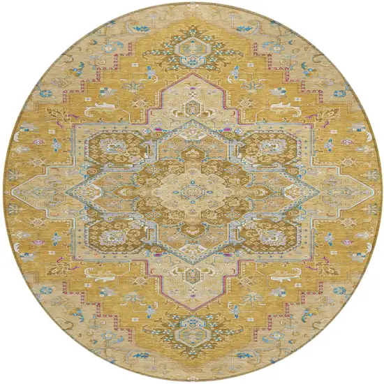 8' Gold Beige And Blue Round Oriental Washable Indoor Outdoor Area Rug Photo 2