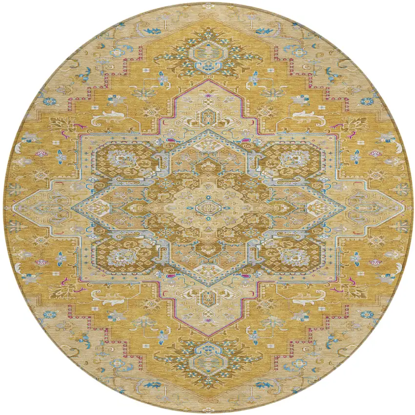 8' Gold Beige And Blue Round Oriental Washable Indoor Outdoor Area Rug Photo 2