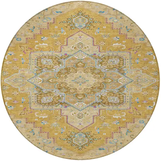 8' Gold Beige And Blue Round Oriental Washable Indoor Outdoor Area Rug Photo 5