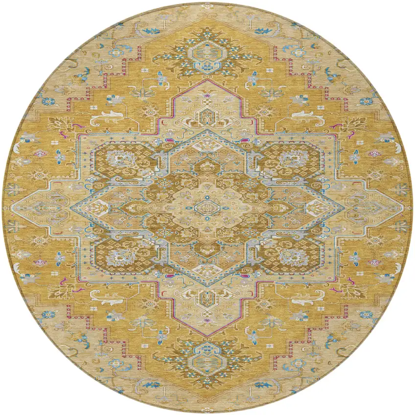 8' Gold Beige And Blue Round Oriental Washable Indoor Outdoor Area Rug Photo 5