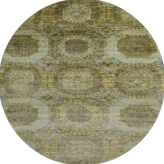 8' Gold Beige And Brown Abstract Geometric Washable Round Rug With UV Protection Photo 3