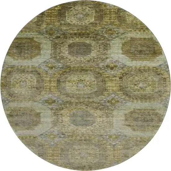 8' Gold Beige And Brown Abstract Geometric Washable Round Rug With UV Protection Photo 1