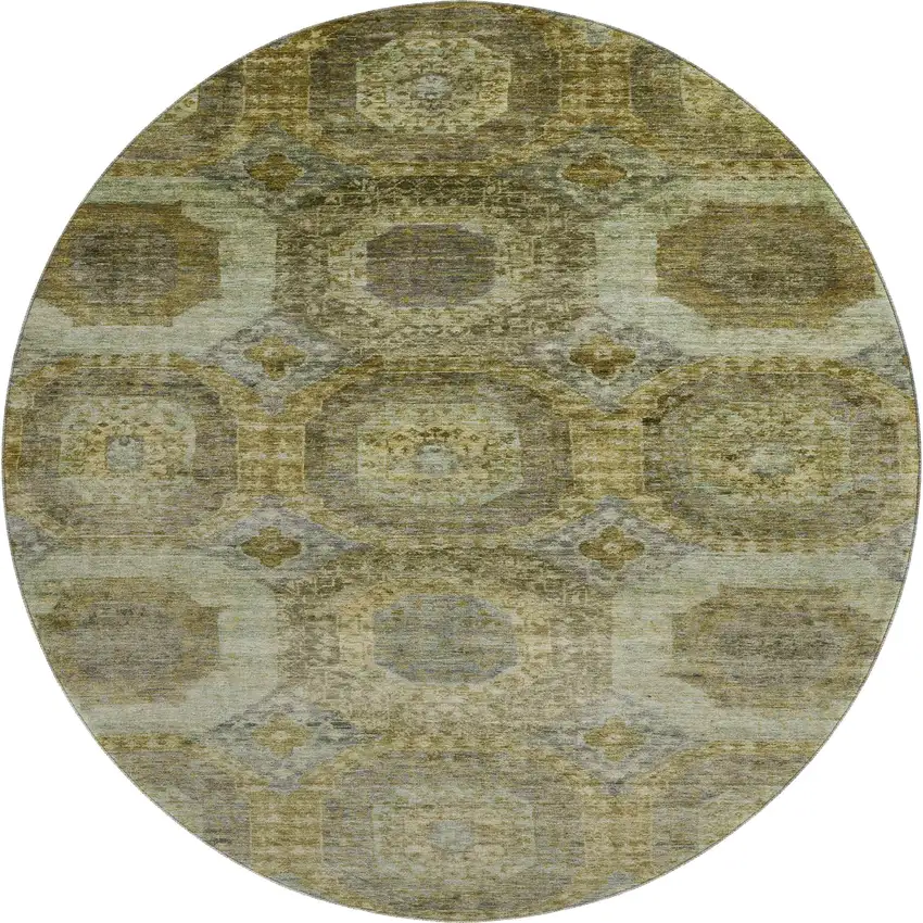 8' Gold Beige And Brown Abstract Geometric Washable Round Rug With UV Protection Photo 1