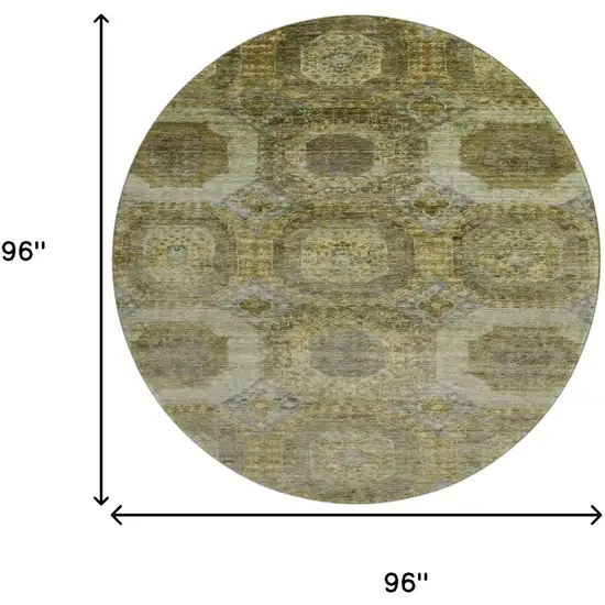 8' Gold Beige And Brown Abstract Geometric Washable Round Rug With UV Protection Photo 9