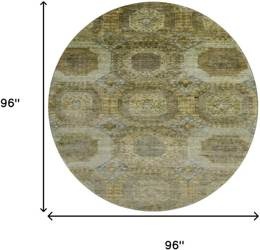 8' Gold Beige And Brown Abstract Geometric Washable Round Rug With UV Protection Photo 9
