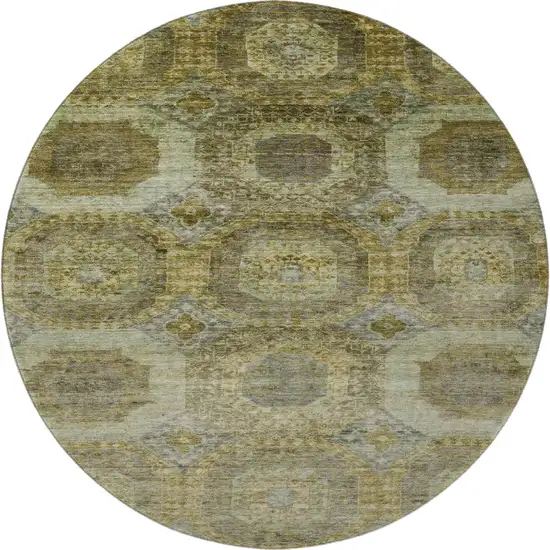 8' Gold Beige And Brown Abstract Geometric Washable Round Rug With UV Protection Photo 4