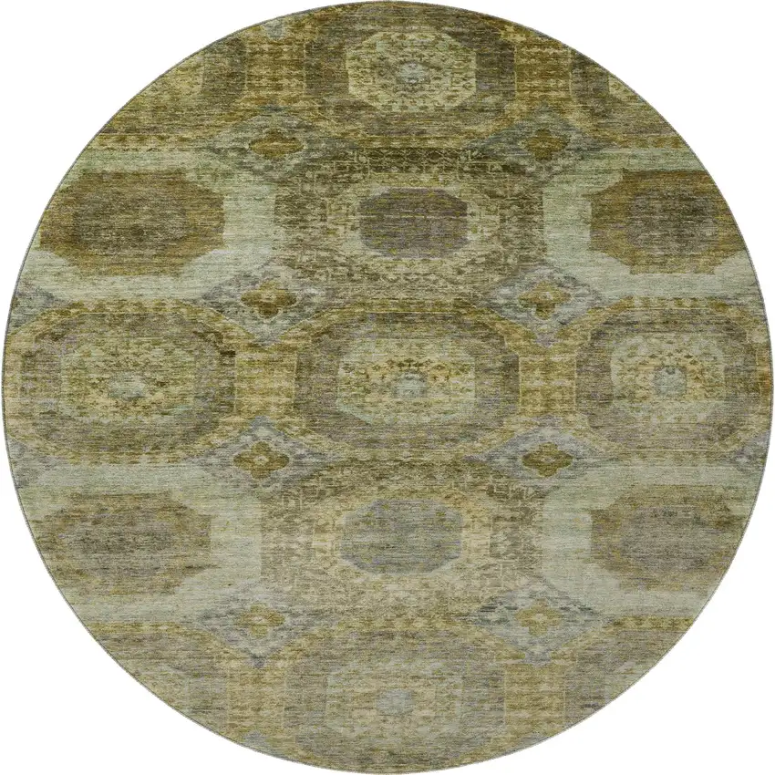 8' Gold Beige And Brown Abstract Geometric Washable Round Rug With UV Protection Photo 4