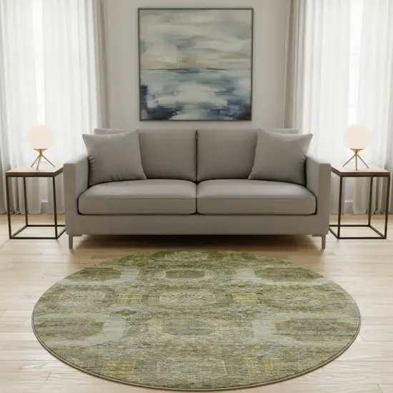 8' Gold Beige And Brown Abstract Geometric Washable Round Rug With UV Protection Photo 2