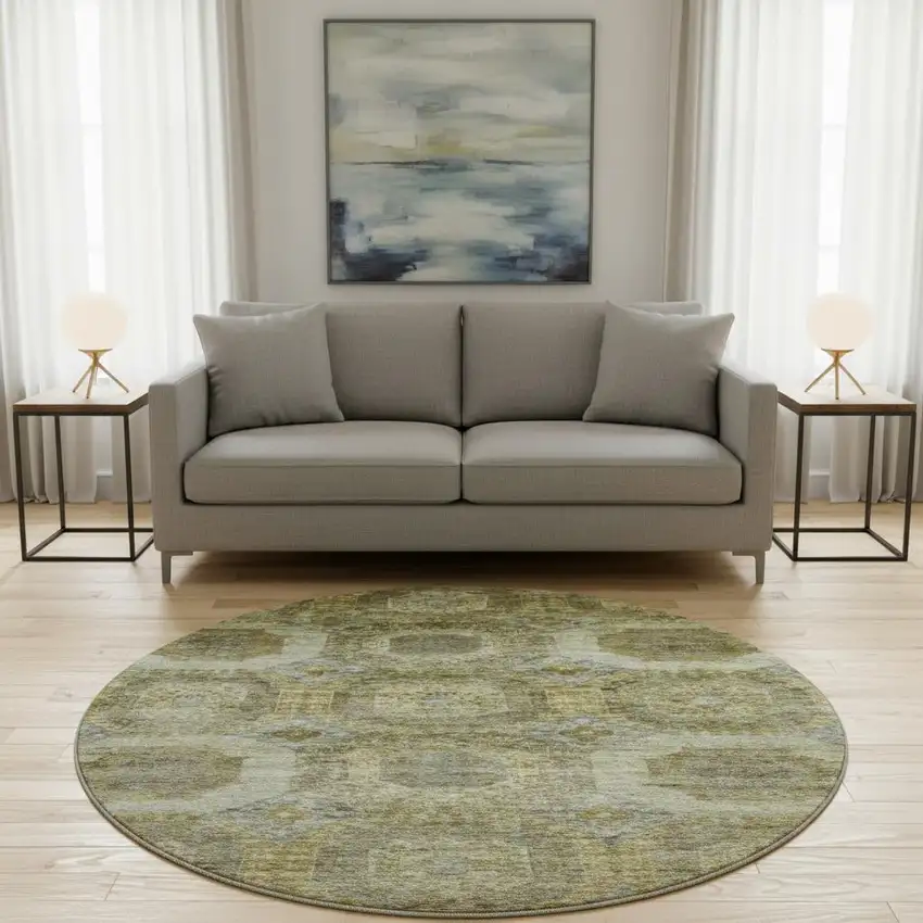 8' Gold Beige And Brown Abstract Geometric Washable Round Rug With UV Protection Photo 2