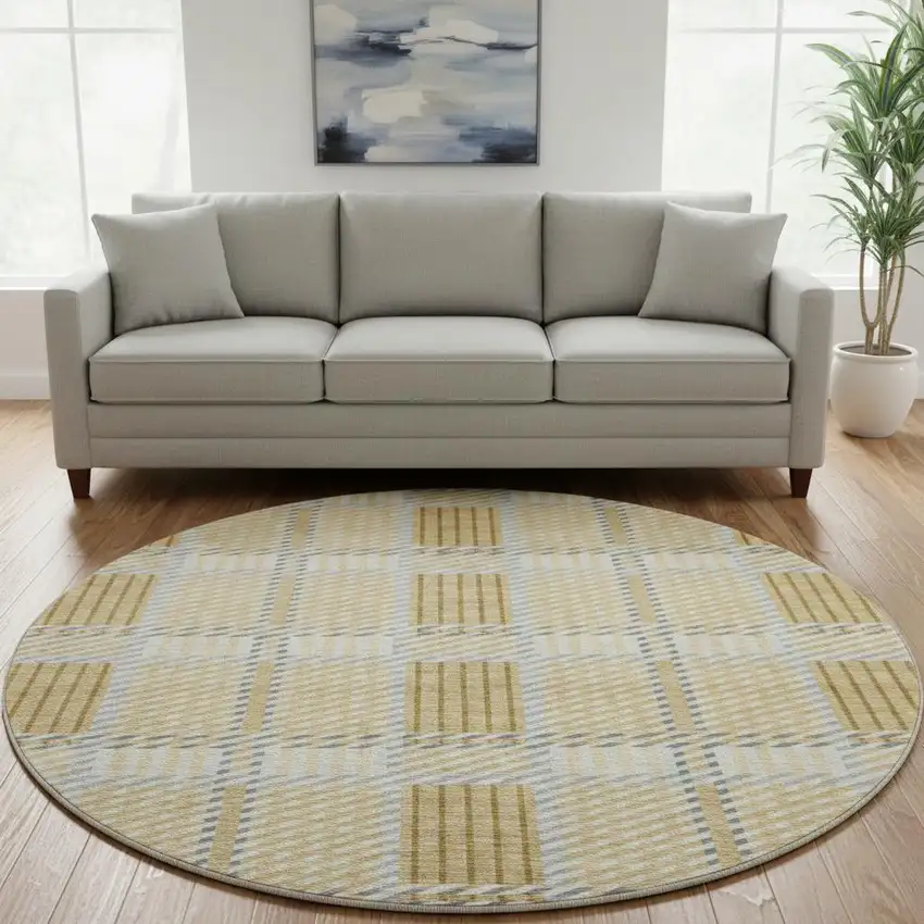 8' Gold Beige And Brown Plaid Washable Round Rug With UV Protection Photo 2