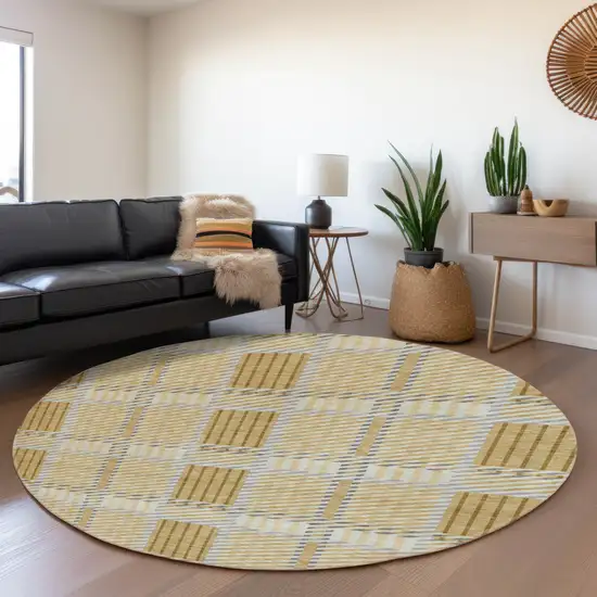 8' Gold Beige And Brown Plaid Washable Round Rug With UV Protection Photo 4