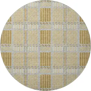 Photo of 8' Gold Beige And Brown Plaid Washable Round Rug With UV Protection