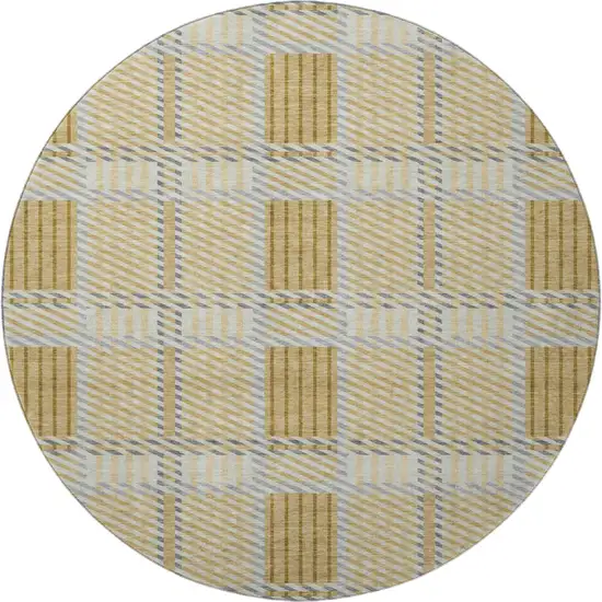 8' Gold Beige And Brown Plaid Washable Round Rug With UV Protection Photo 3