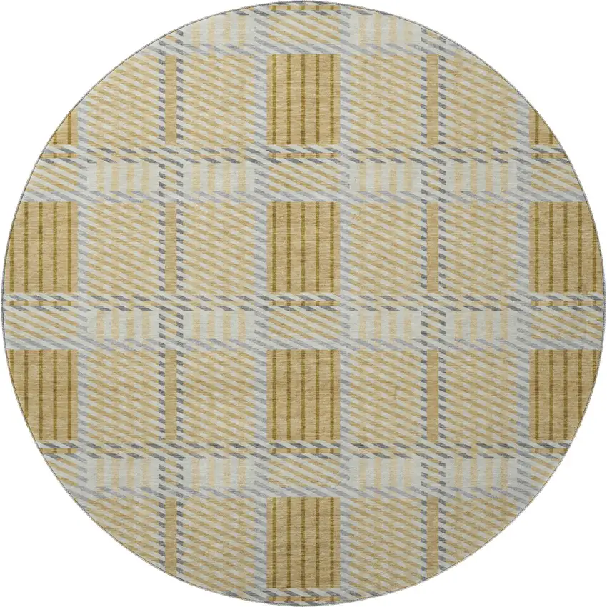 8' Gold Beige And Brown Plaid Washable Round Rug With UV Protection Photo 3