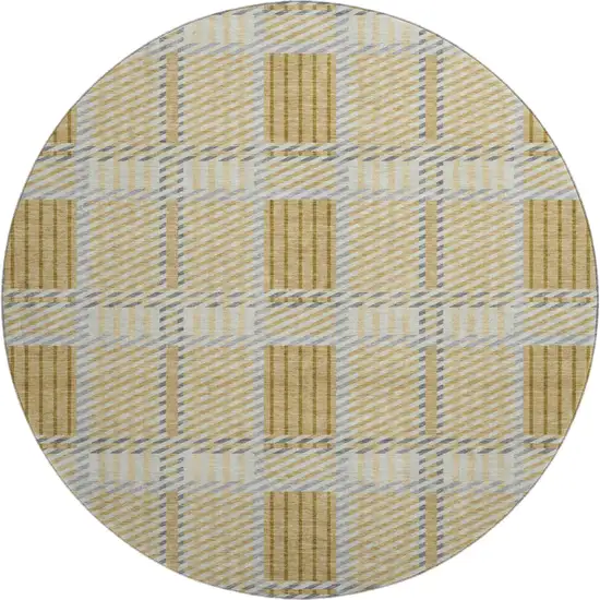 8' Gold Beige And Brown Plaid Washable Round Rug With UV Protection Photo 1