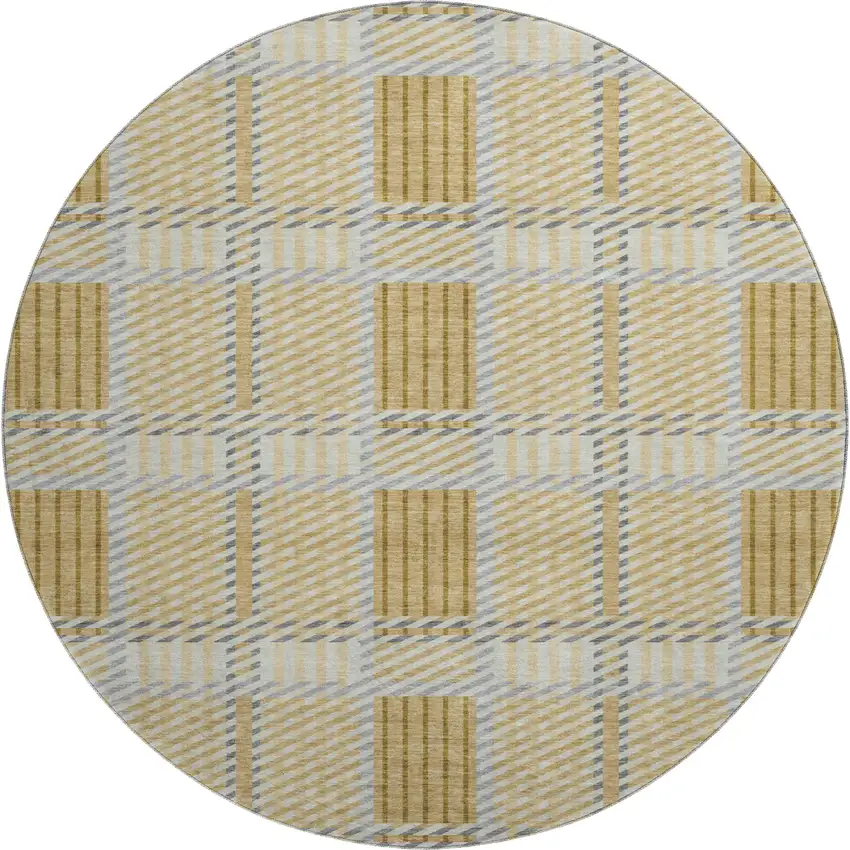8' Gold Beige And Brown Plaid Washable Round Rug With UV Protection Photo 1