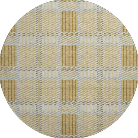 8' Gold Beige And Brown Plaid Washable Round Rug With UV Protection Photo 2