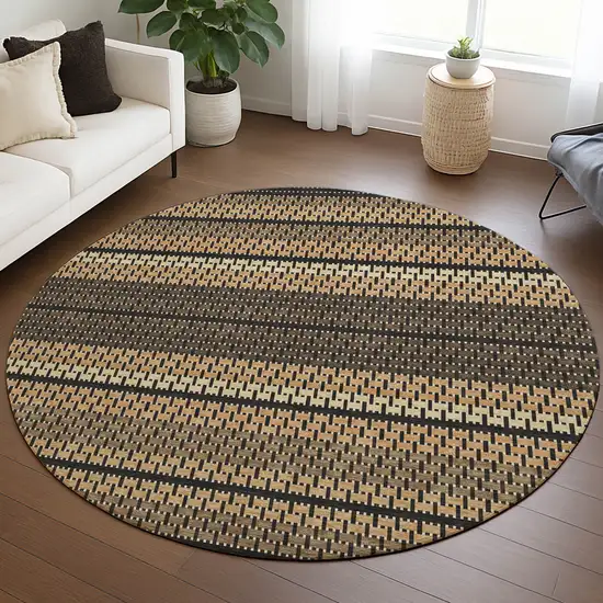 8' Gold Beige And Copper Round Striped Washable Indoor Outdoor Area Rug Photo 5