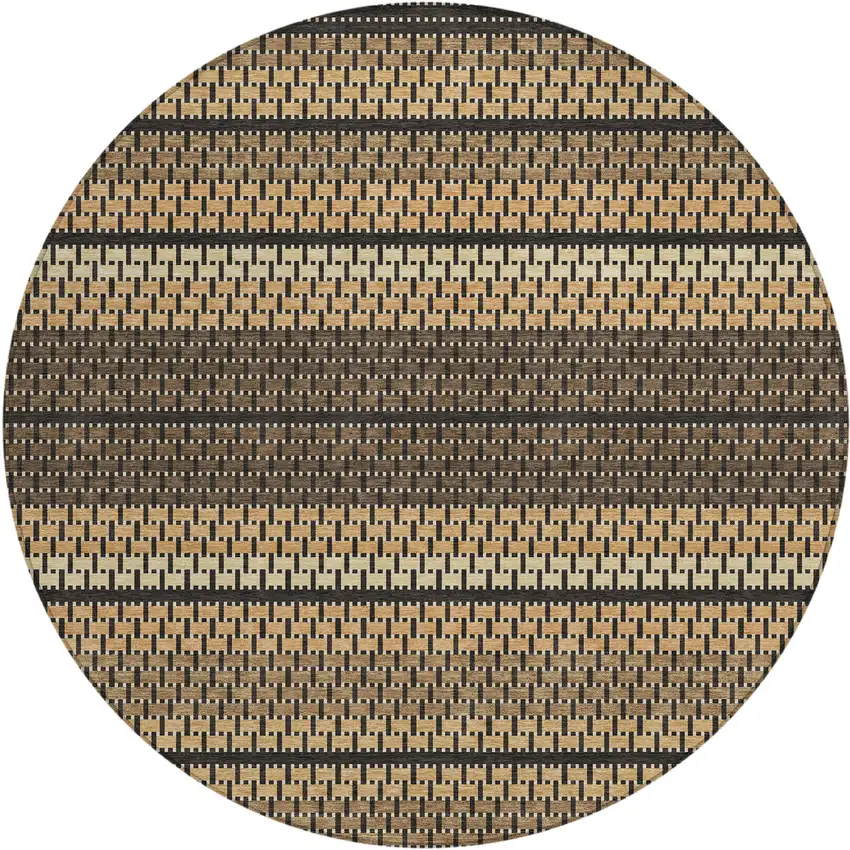 8' Gold Beige And Copper Round Striped Washable Indoor Outdoor Area Rug Photo 1