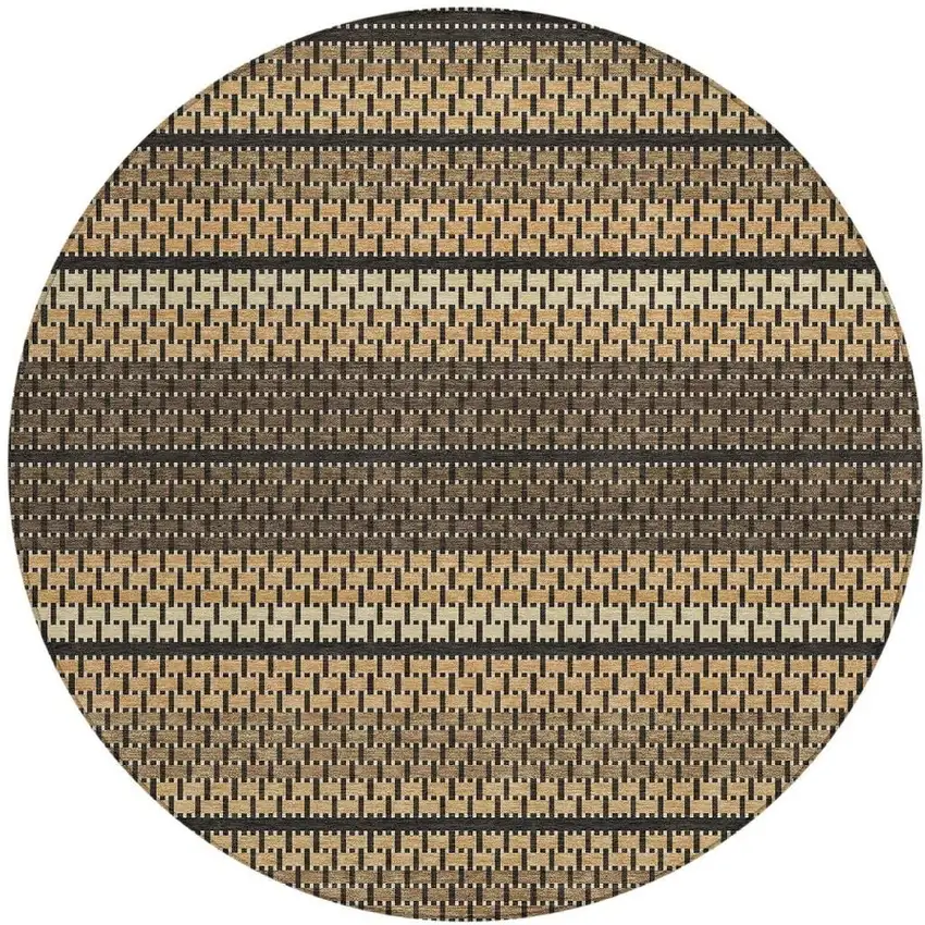 8' Gold Beige And Copper Round Striped Washable Indoor Outdoor Area Rug Photo 3