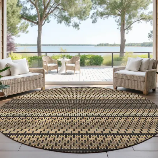 8' Gold Beige And Copper Round Striped Washable Indoor Outdoor Area Rug Photo 4