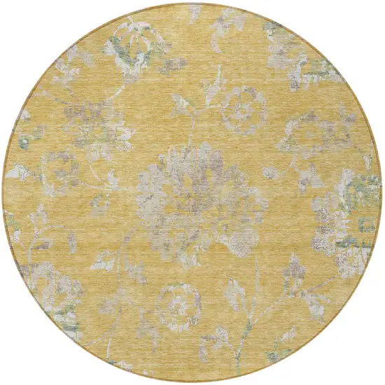 8' Gold Beige And Fern Green Round Floral Washable Indoor Outdoor Area Rug Photo 6