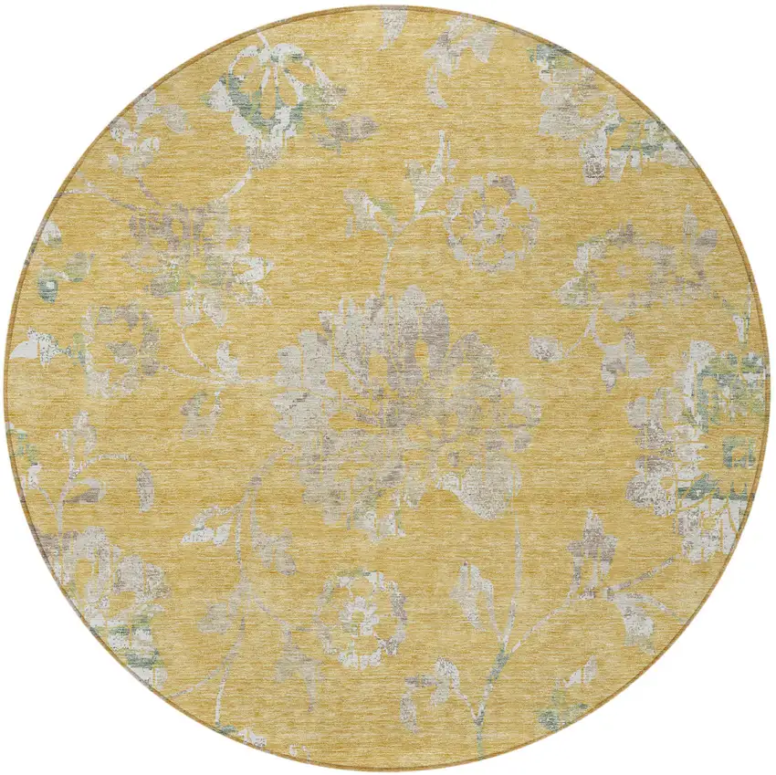 8' Gold Beige And Fern Green Round Floral Washable Indoor Outdoor Area Rug Photo 6